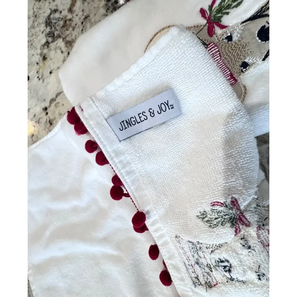 Jingles & Joy Reindeer NEW Hand Towels Set (2) Embroidered w/ Red Trim Pom Poms